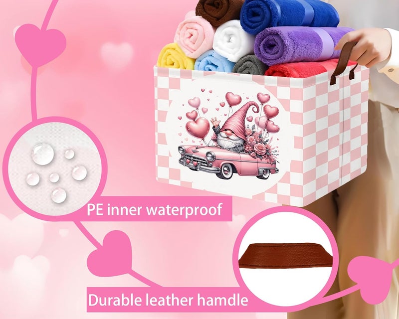 BOOHIT Valentines Day Basket Large Foldable Heart Shaped Storage Box for Gifts Kids Empty Storage Bins Rectangular Toy Organizer Decor (Pink Gnome Car) - Image 3